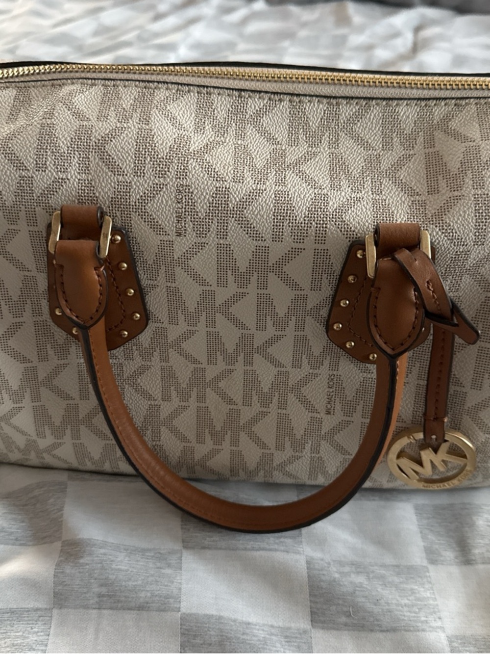 Michael Kors Beige Logo Satchel with Brown Leather Handles